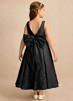 Azazie Goldie Flower Girl Dresses Black A-Line Pleated Floral Jacquard Dress image1