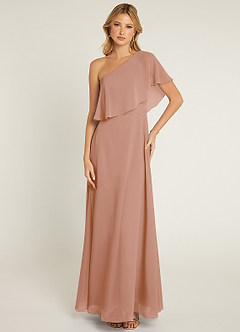Azazie Lizzy Jurken voor bruidsmeisjes Jurk van Chiffon met A-Lijn One-Shoulder Champagne Roos image1