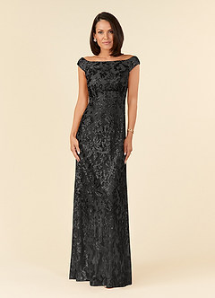Azazie Porcelain Mother of the Bride Dresses Black A-Line Off the Shoulder Lace Dress image1