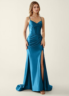 Indigo Blue Satin V-neck Sequins Mermaid Prom Dress image4