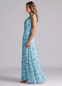 Azazie Phaedra Bridesmaid Dresses Blue Fern Floral A-Line One Shoulder Chiffon Dress image6