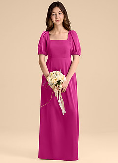Azazie Briar Junior Vestido de Fucsia de Satén Elástico de Corte en A con Lazo image1