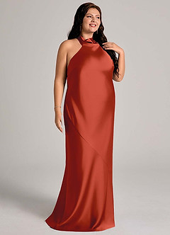 Azazie Velli Vestidos de damas de honor Vestido de Óxido de Satén Elástico de Corte Sirena con Cuello Alto image10
