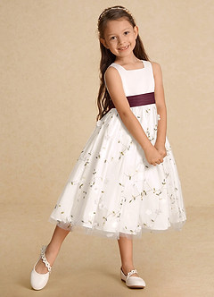 Azazie Pollie Flower Girl Dresses Ivory Cabernet A-Line Bow Tulle Dress image9