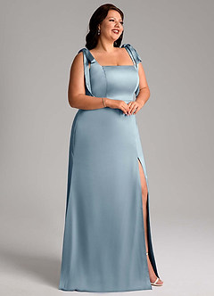 Azazie Frostine Bridesmaid Dresses Dusty Blue A-Line Bow Stretch Satin Dress image9