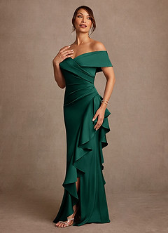 Azazie Kirsty Mother of the Bride Dresses Emerald Sheath Off the Shoulder Stretch Satin Dress image3