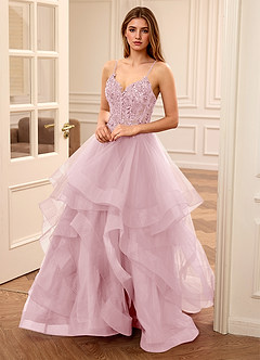 Zinnia Pink A-line Floral V-neck Tulle Tier Prom Dress image3