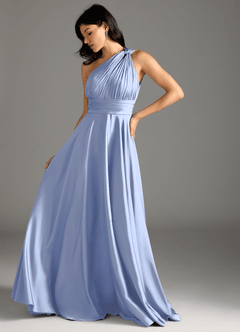 Azazie Charlize Robes de demoiselle d'honneur Robe Trapèze en Satin extensible Ue épaule Eis image5