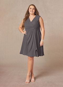 Azazie Theron Mother of the Bride Dresses Steel Grey A-Line V-Neck Pleated Chiffon Dress image6