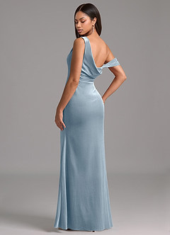 Azazie Madelyn Bridesmaid Dresses Dusty Blue Sheath One Shoulder Velvet Dress image5
