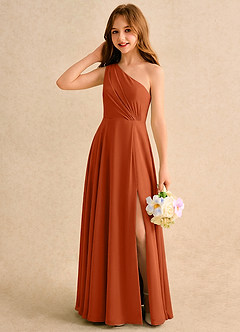 Azazie Puddles Girls Formal 플라워 걸 드레스 A라인 원 숄더 쉬폰 플로어 길이 드레스 image3