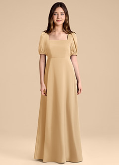Azazie Briar Junior Vestido de Oro de Satén Elástico de Corte en A con Lazo image7