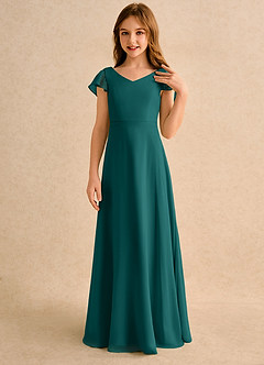 Azazie Nari Girls Formal Flower Girl Dresses Peacock A-Line with Sleeves Chiffon Dress image5
