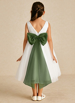 Azazie Kavi Flower Girl Dresses Ivory Olive A-Line Bow Matte Satin Dress image1