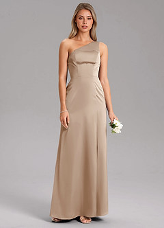 Azazie Phaedra Bridesmaid Dresses Taupe A-Line One Shoulder Stretch Satin Dress image7
