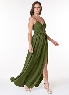 Azazie Raya Bridesmaid Dresses Olive A-Line V-Neck Pleated Stretch Satin Dress image4