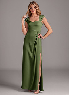Azazie Laila Bridesmaid Dresses Olive A-Line Pleated Stretch Satin Dress image3