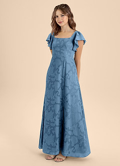 Azazie Bondi Junior Steel Blue A-Line Bow Floral Burnout Dress image3