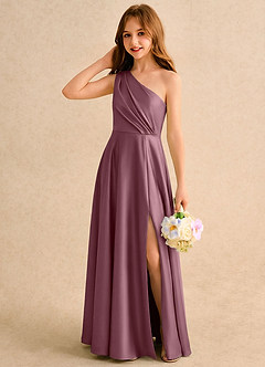 Azazie Puddles Girls Formal Blumenmädchenkleider A-Linie One-Shoulder Stretch-Satin Kleid Amethyst image3