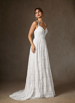 Azazie August Wedding Dresses Diamond White A-Line Lace Dress image3