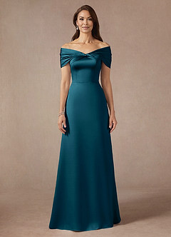 Azazie Amelia Mother of the Bride Dresses Ink Blue A-Line Off the Shoulder Stretch Satin Dress image3
