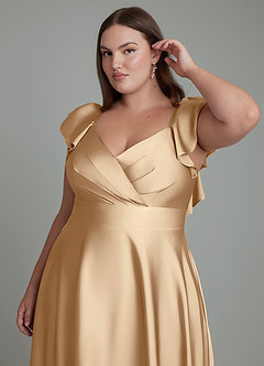 Azazie Leilani Bridesmaid Dresses Champagne A-Line Ruched Stretch Satin Dress image3