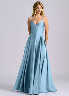 Azazie Truce Bridesmaid Dresses Steel Blue A-Line Stretch Satin Dress image1