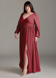 Azazie Norah Bridesmaid Dresses Pomegranate A-Line V-Neck Long Sleeve Chiffon Dress image11