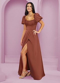 Barbie ♥ Azazie Bridesmaid Dresses Auburn A-Line Ruched Stretch Satin Dress image3