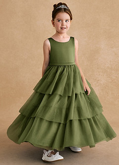 Azazie Megallie vestidos de niña de las flores Vestido de Oliva de Tul de Corte En A con Lazo image3
