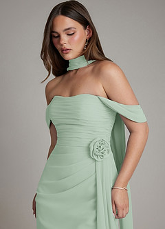 Azazie Ezria At-home Try On Dresses Agave A-Line Off the Shoulder Chiffon Dress image10