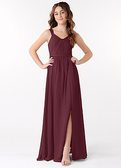 Azazie Evie Junior Abito A-Line in Chiffon Plissettato Cabernet image1