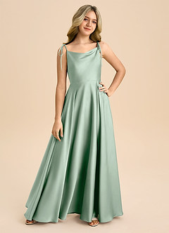 Azazie Popsy Junior Agave A-Line Bow Stretch Satin Dress image8