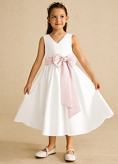 Azazie Darling Flower Girl Dresses Ivory Blushing Pink A-Line Bow Cotton Dress image2