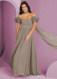 Barbie ♥ Azazie Robes de demoiselle d'honneur Robe Trapèze Convertible en Mousseline de soie Épaule décolletée Taupe image1
