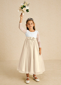 Azazie Mae Flower Girl Dresses Ivory Champagne A-Line Bow Tulle Dress image4