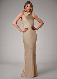 Azazie Velli Bridesmaid Dresses Taupe Mermaid Stretch Satin Dress image1