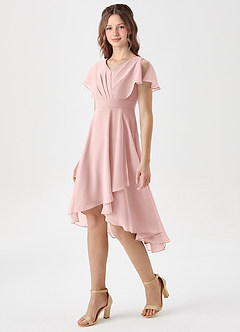 Azazie Graciela Junior Robe Trapèze en Mousseline de soie Plissée Rose Poudré image1