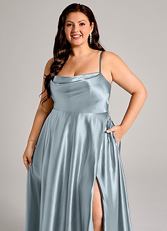 Azazie Elle Bridesmaid Dresses Dusty Blue A-Line with Pockets Metallic Satin Dress image12