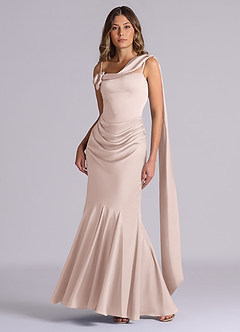 Azazie Inara Bridesmaid Dresses Blushing Pink Mermaid Pleated Stretch Satin Dress image4