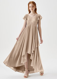 Azazie Caria Junior Robe Trapèze en Mousseline de soie Plissée Taupe image6