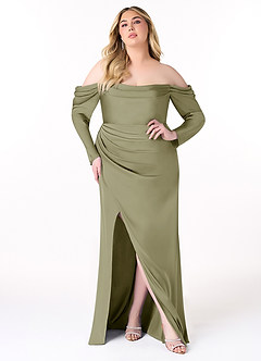 Azazie Hallie Bridesmaid Dresses Pistachio Sheath Off-The-Shoulder Long Sleeve Stretch Satin Convertible Dress image9