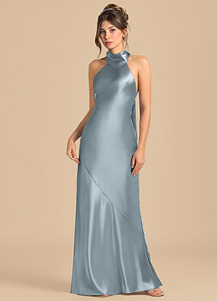 Azazie Velli Bridesmaid Dresses Dusty Blue Sheath High Neck Metallic Satin Dress image3