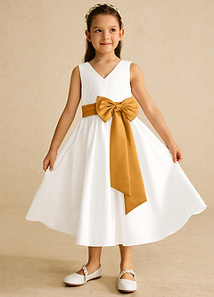 Azazie Darling Flower Girl Dresses Ivory Butterscotch A-Line Bow Cotton Dress image2