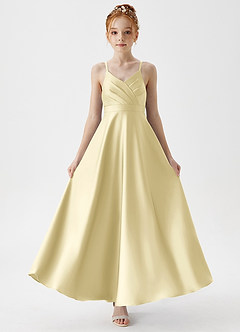Azazie Avelina Junior Lemon Sorbet A-Line Pleated Stretch Satin Dress image5