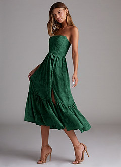 Azazie Delphina Bridesmaid Dresses Dark Green A-Line Strapless Floral Burnout Convertible Dress image5