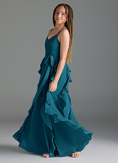 Azazie Peyton Junior Ink Blue A-Line V-Neck Cascading Ruffles Chiffon Dress image4