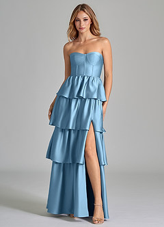 Azazie Faye Robes de demoiselle d'honneur Robe Trapèze en Satin extensible Rayé Acier Bleuté image4