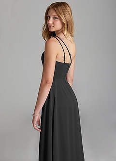 Azazie Maron Junior Black A-Line Pleated Stretch Satin Dress image2