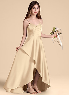 Azazie Prisha Junior Jurk van Stretch Satijn met A-Lijn Geplooid Champagne image8